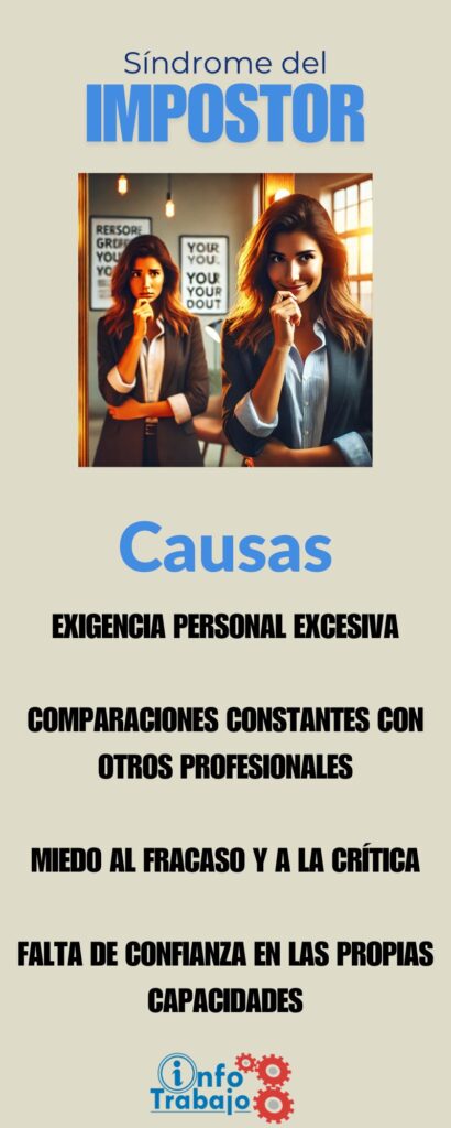 Infografía donde se enumeran cuatro de las causas más frecuentes del síndrome del impostor.