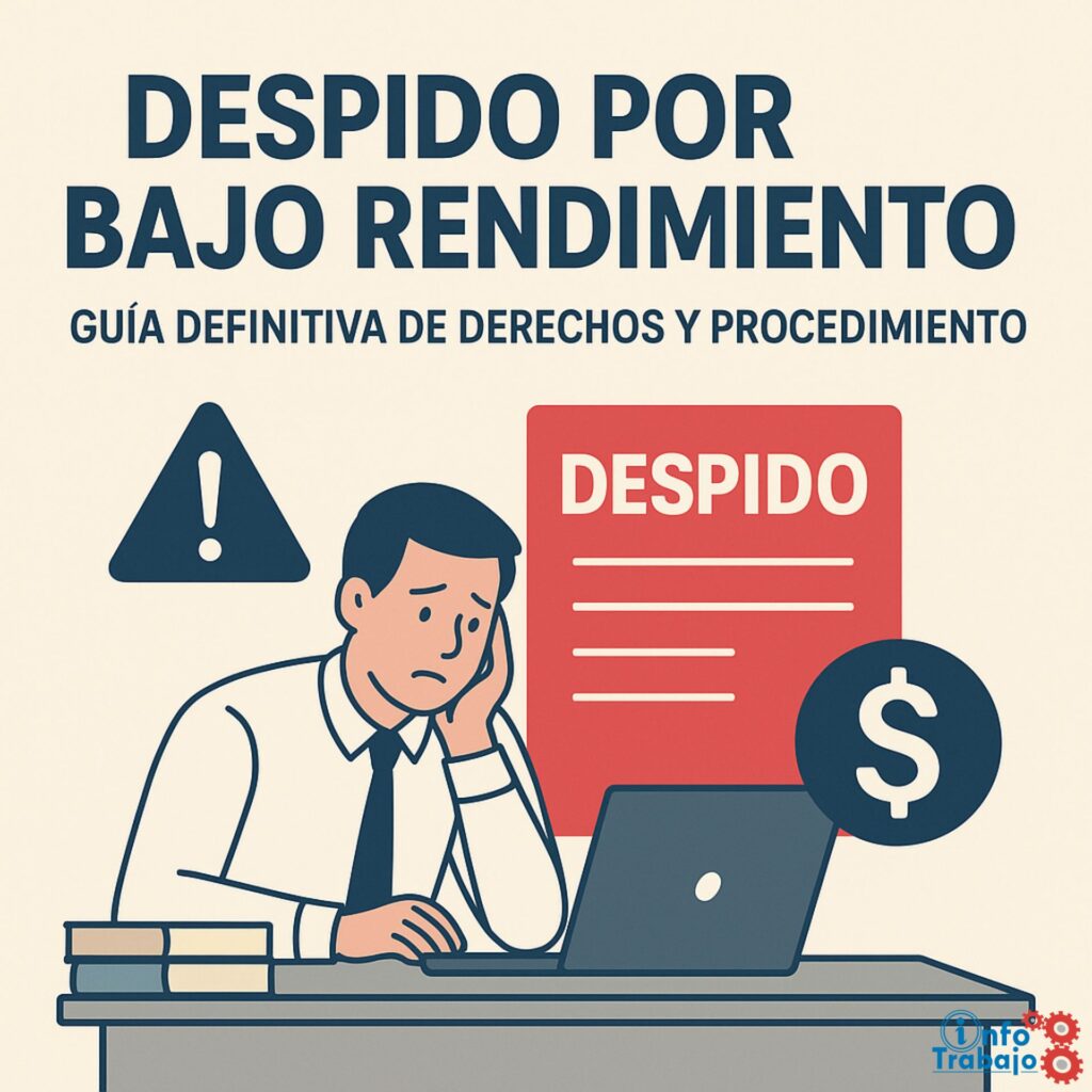 Ilustración de un trabajador preocupado frente a un ordenador con un documento de despido por bajo rendimiento laboral.