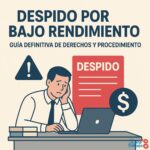 Ilustración de un trabajador preocupado frente a un ordenador con un documento de despido por bajo rendimiento laboral.