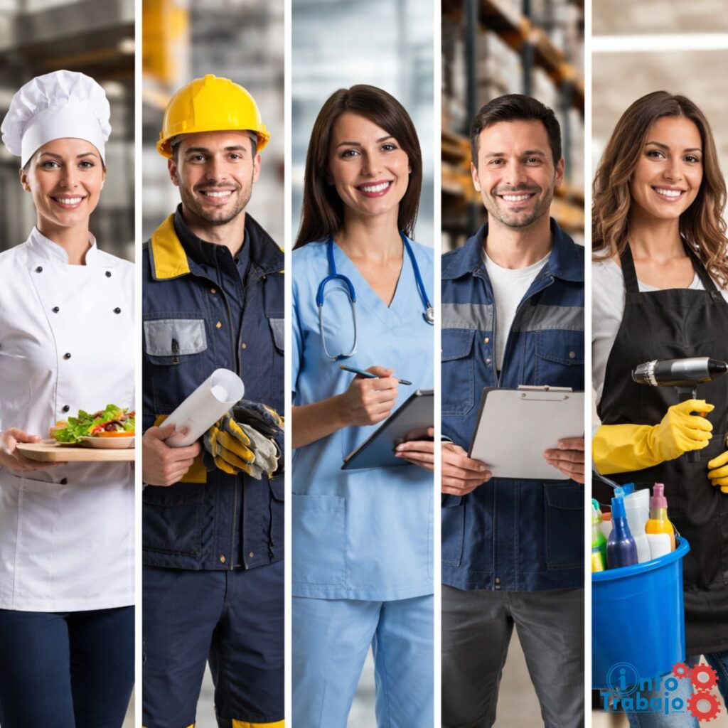 Profesionales de distintos sectores con vestuario laboral específico como hostelería, sanidad, construcción e industria