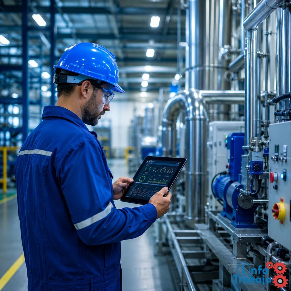 Técnico de mantenimiento industrial con casco azul consultando datos en una tablet frente a maquinaria de fábrica