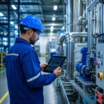 Técnico de mantenimiento industrial con casco azul consultando datos en una tablet frente a maquinaria de fábrica