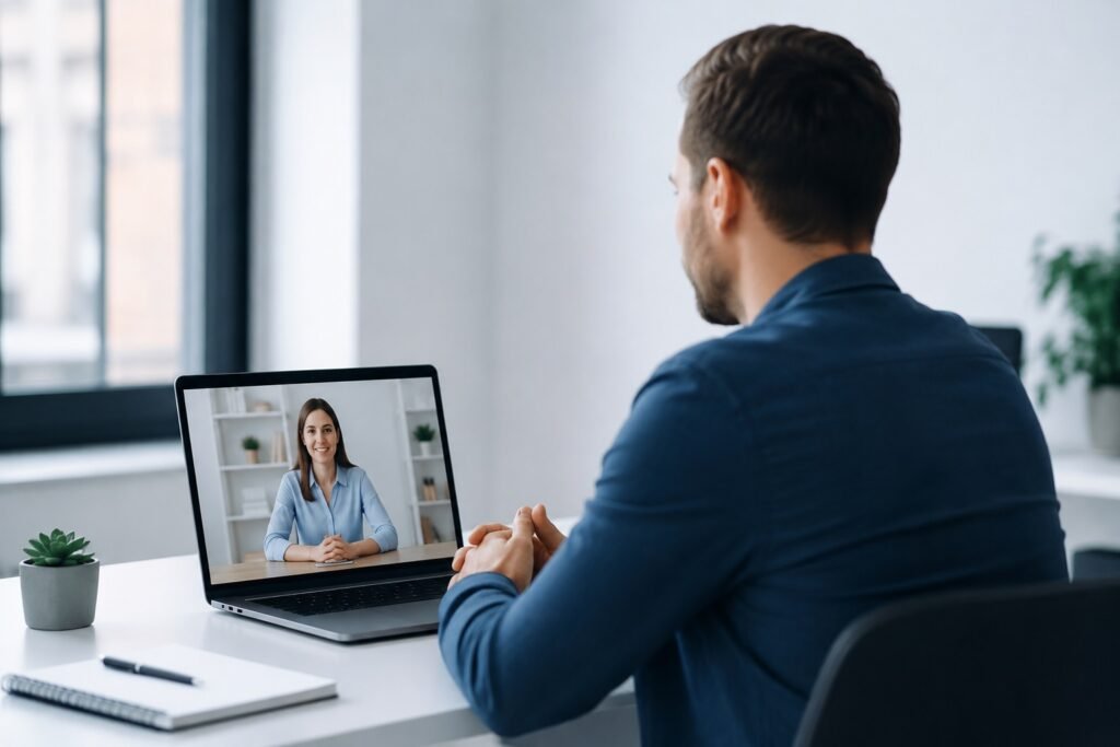 Hombre en una entrevista de trabajo por videollamada con una reclutadora, en el contexto de procesos de selección con inteligencia artificial
